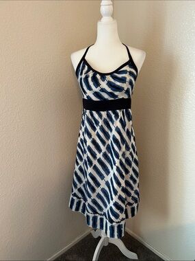 Maeve Navy and White Striped Midi Sundress with Black Waistband